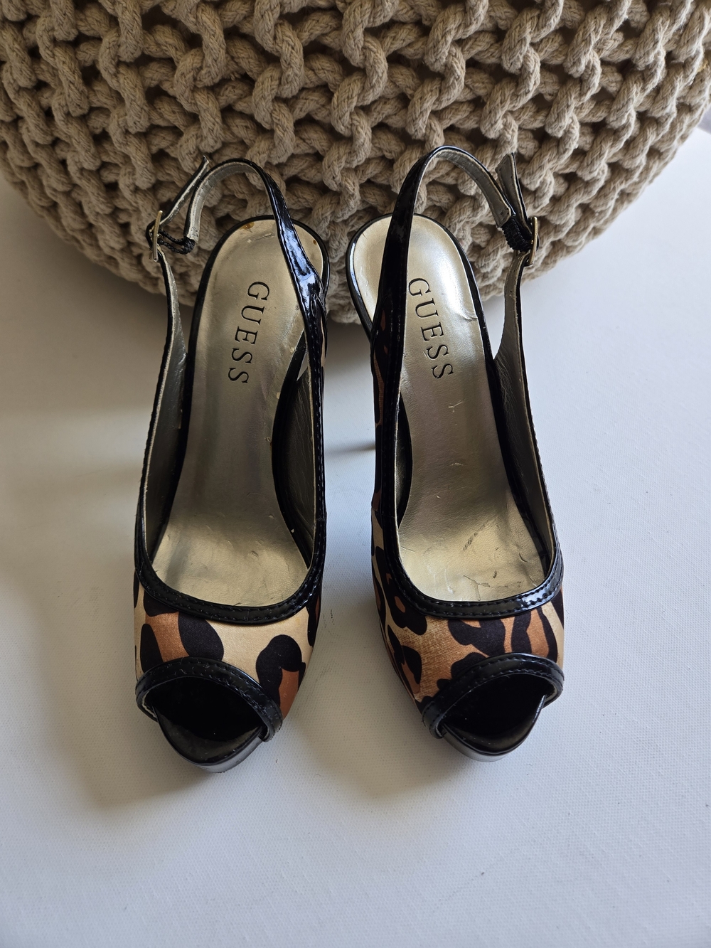 GUESS Women's Black and Brown Leopard Print Slingback Peep-Toe Heels Size 7